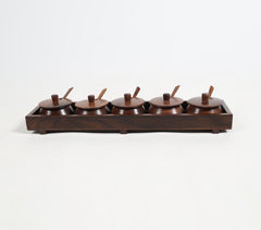 Handmade rosewood set of 5 condiment pots & spoon with Tray