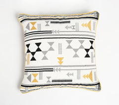 Hand-embroidered cotton cushion cover in abstract geometric design (yellow, black, white). 16"x16"