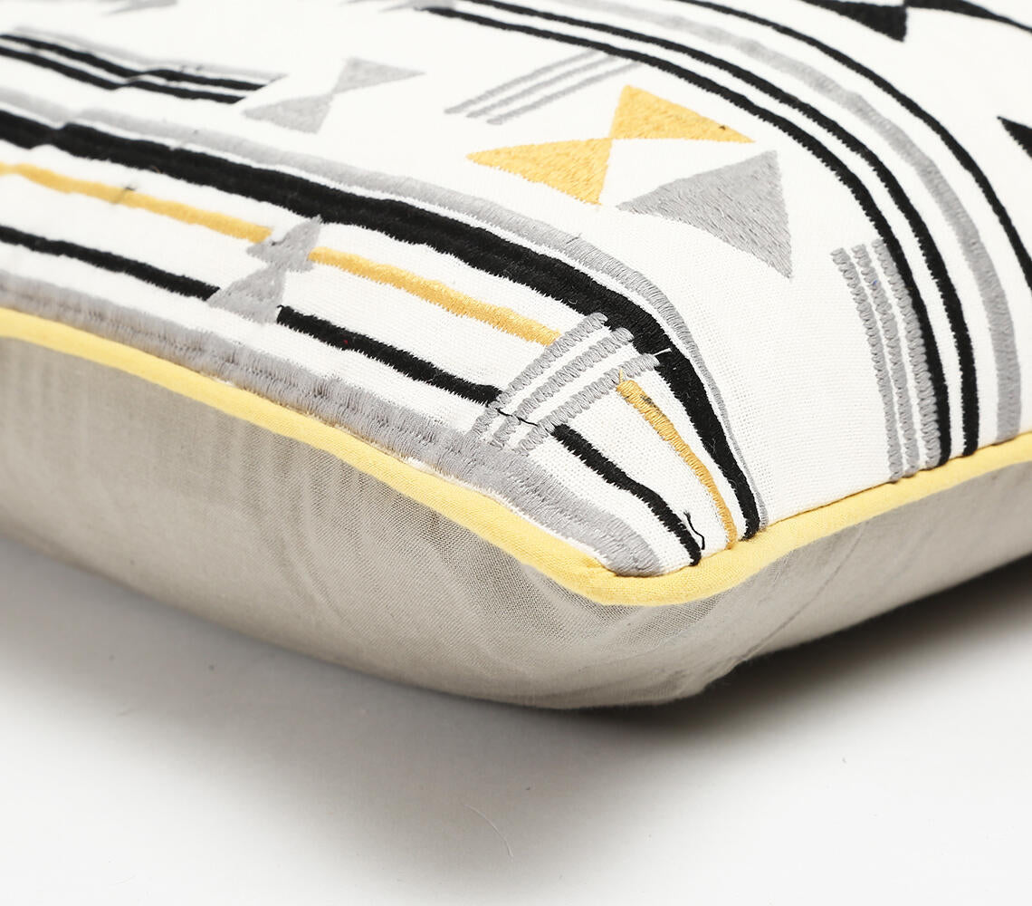 Yellow, black, and white abstract embroidery on a handcrafted cotton cushion cover. 16"x16"