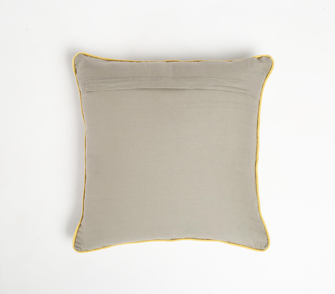 Back side of Handcrafted cotton cushion cover with modern abstract embroidery (yellow, black, white). 16"x16"