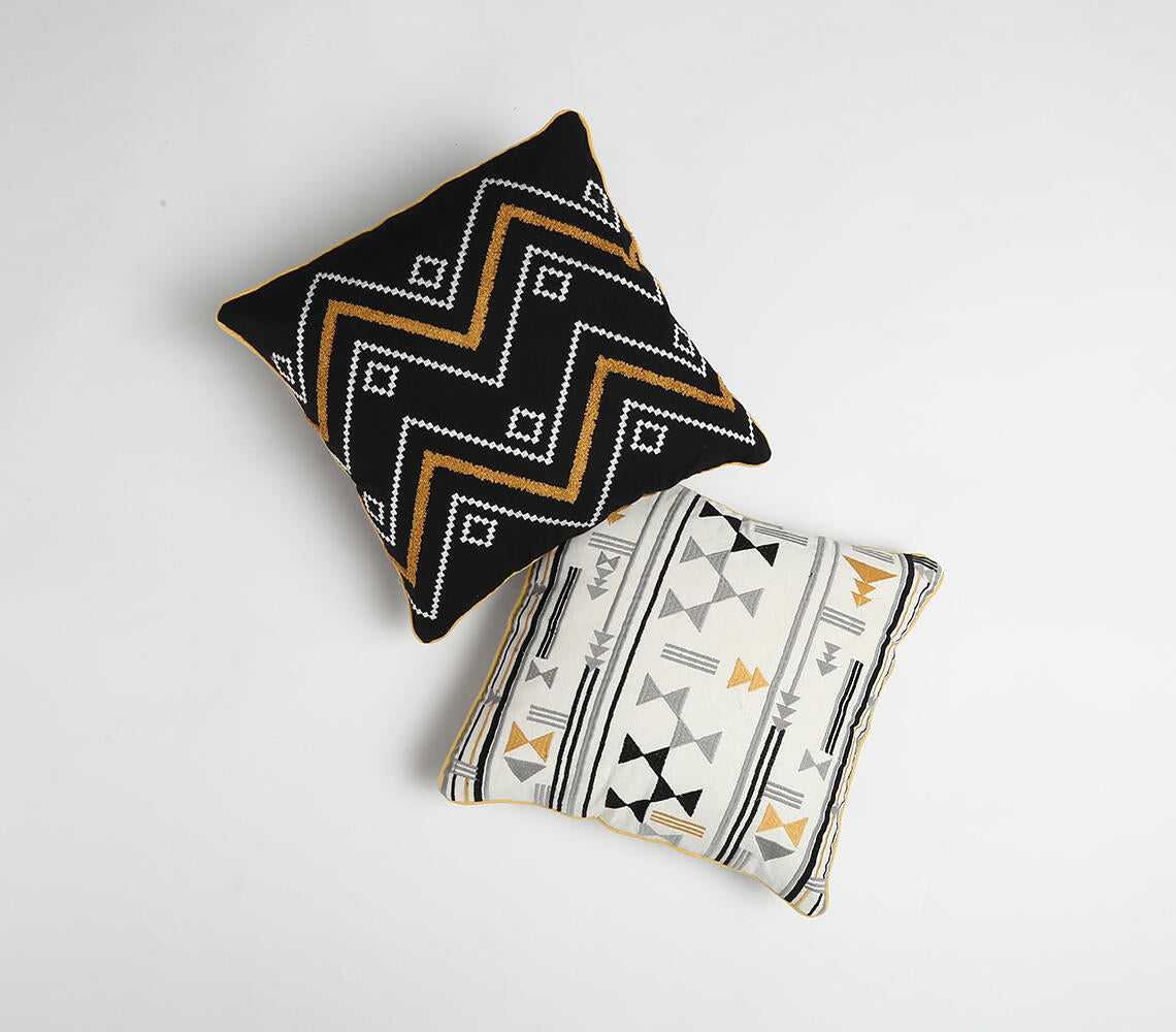 Hand-embroidered cotton cushion cover in abstract geometric design 