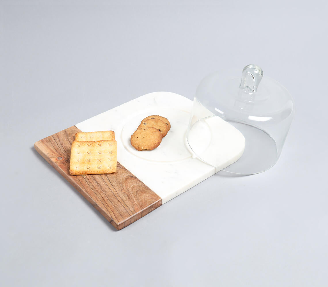 Marble & Wood Dessert Platter With Glass Dome