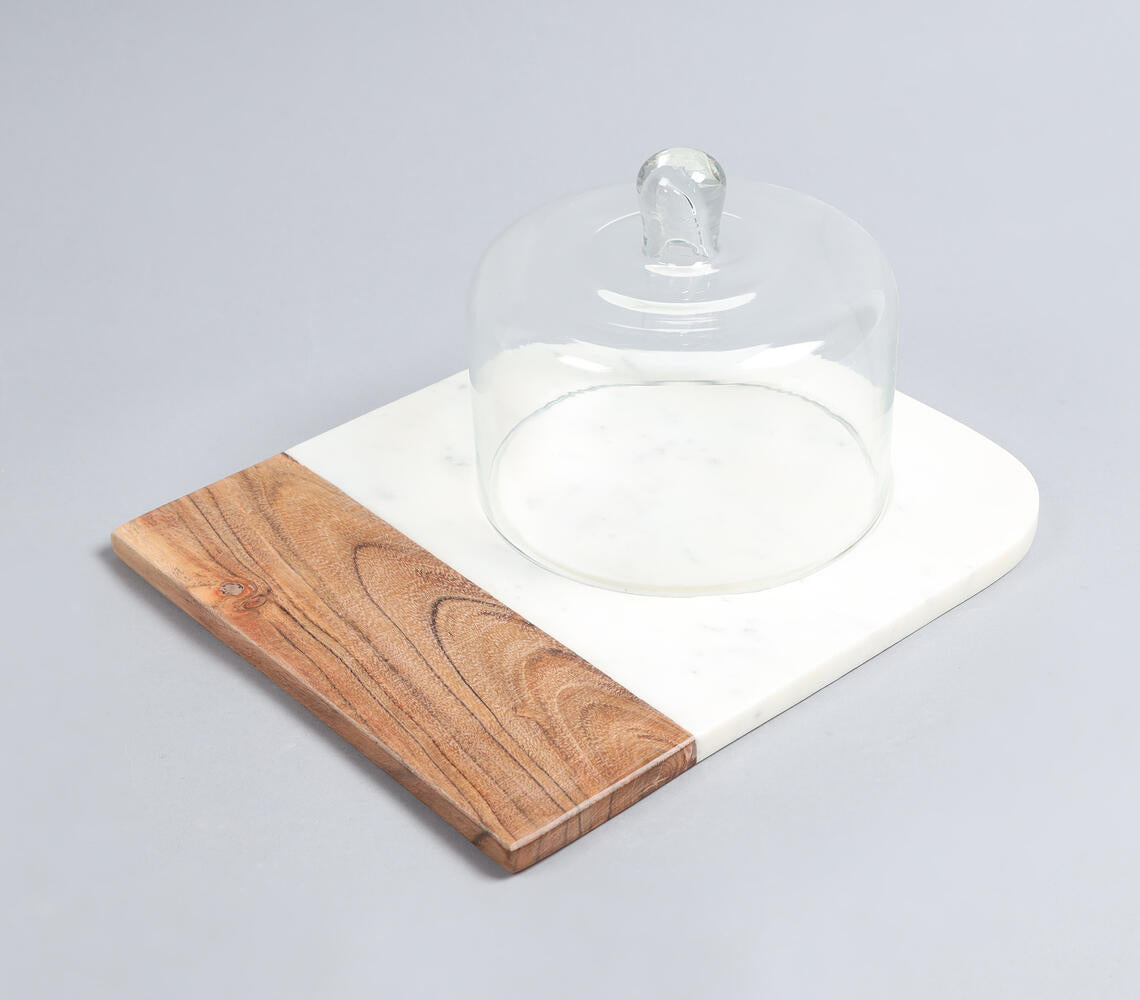 Marble & Wood Dessert Platter With Glass Dome