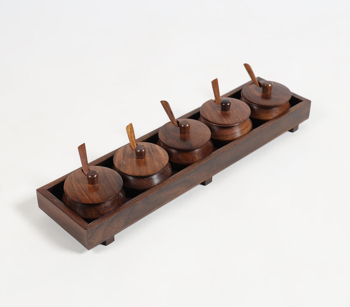 Handmade rosewood set of 5 condiment pots & spoon with Tray