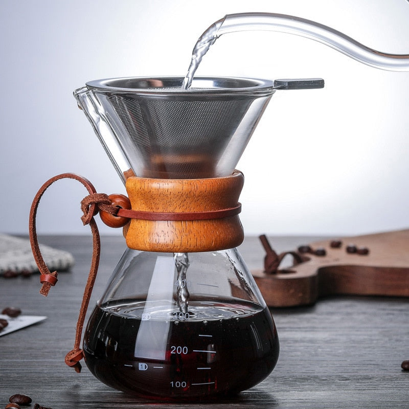Wood Collar Glass Pour Over Coffee Maker - A Stylish and Efficient Brewing Solution.